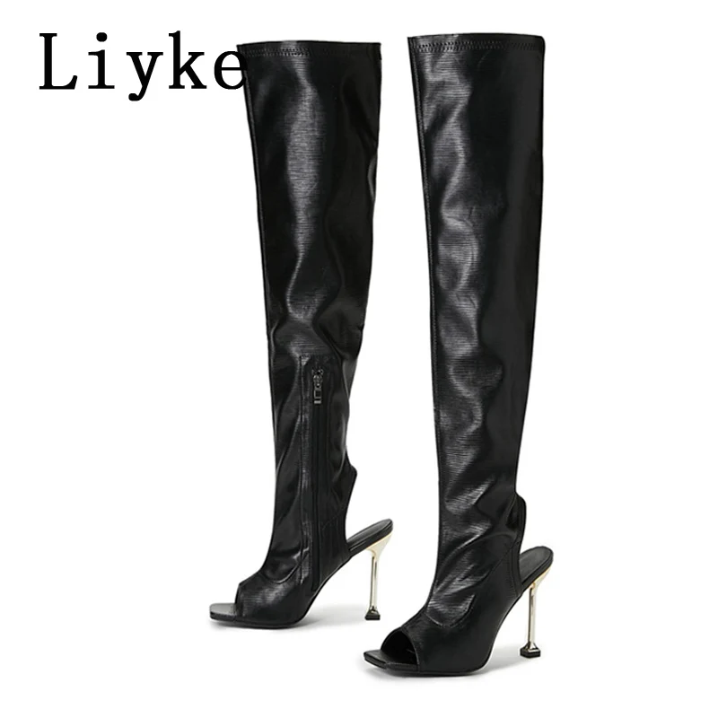 Liyke White Leather Thigh High Over The Knee Boots Sexy Open Toe Stripper Heels Booties Fashion Zip Motorcycle Shoes Women Pumps