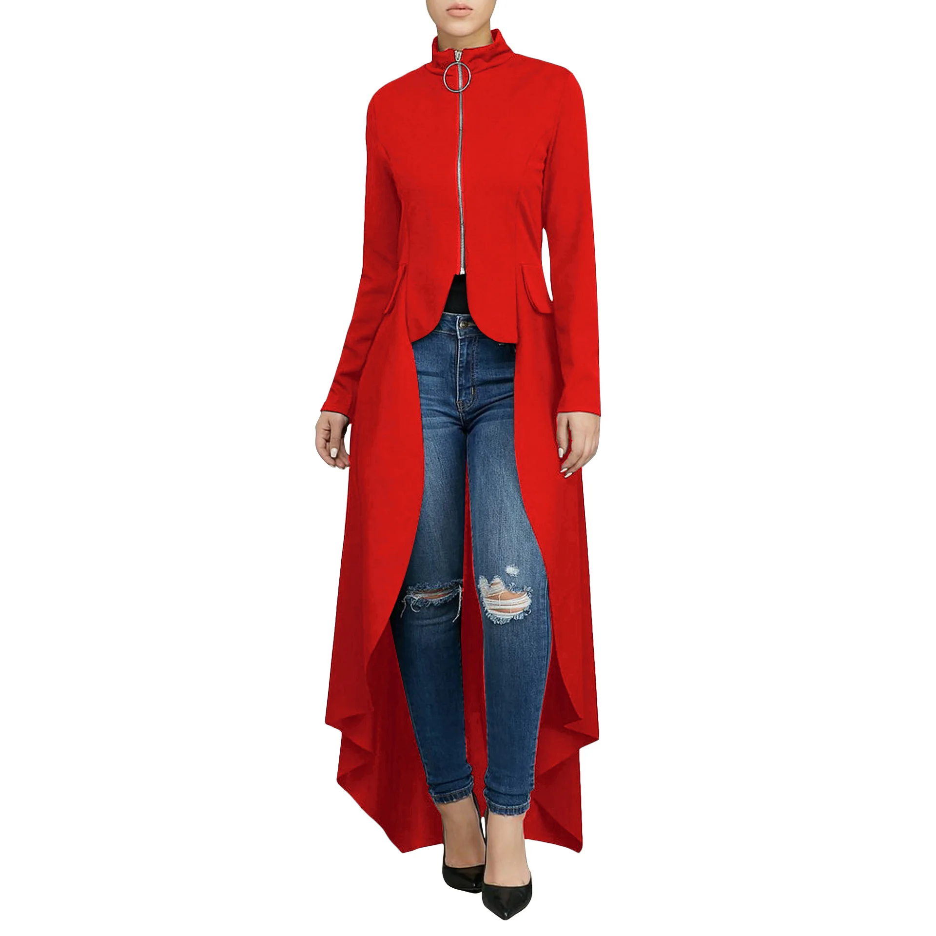 

New Spring Clothing High Street Long Sleeve Stand Neck Long Dress Women Zipper Cardigan Loose Irregular Dress Elegant Green Red