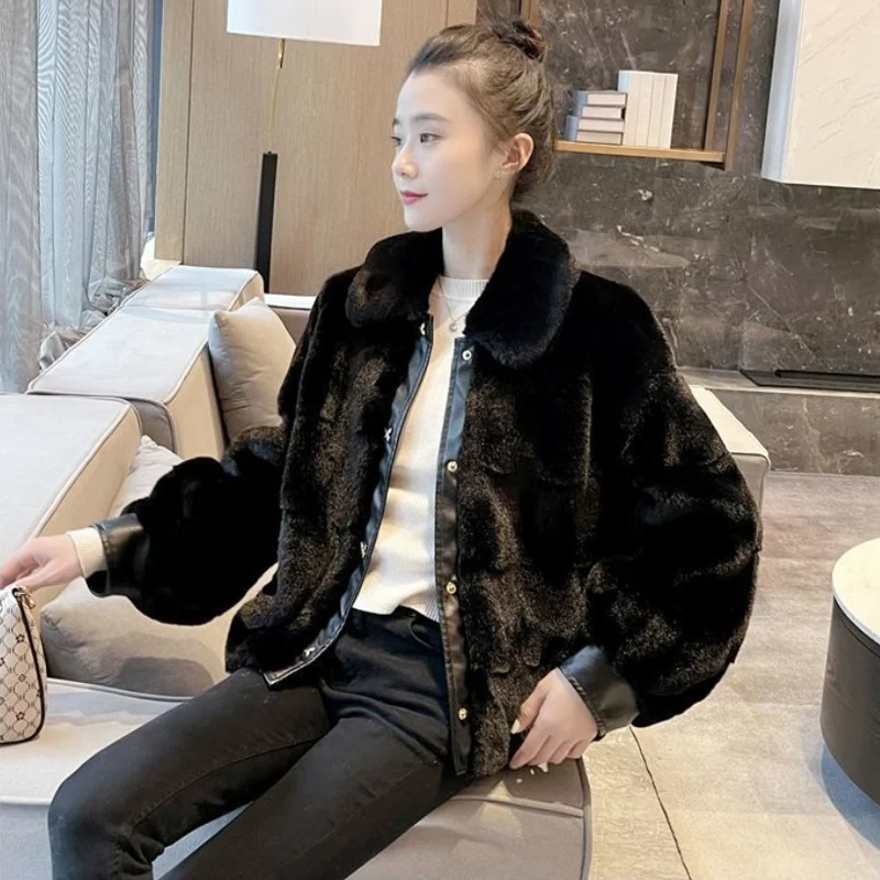 Korean Danish Mink Short Coat All-Match Women\'s Faux Fur Jacket High-End Fashion Mother\'s Clothes Splicing Wool Jacket Black Q8