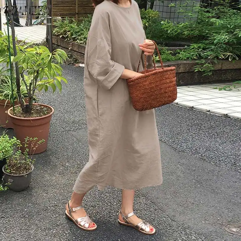 ZANZEA Autumn Women Casual Kaftan O neck Long Sleeve Dresses Oversized Cotton Linen Sundress Elegant Robe Solid Party Vestidos