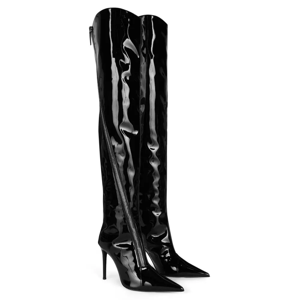 New High Heel Black Patent Leather Thigh Boots For Women Over Knee Boots With Zipper Pointed Toe Long Boot Ladies Winter Shoes