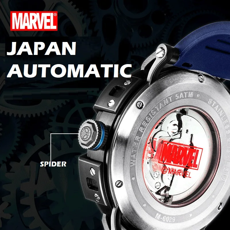 Marvel For Mens Watch Avengers Spider Man Male Automatic Skeleton Casual WristWatch Sapphire Crystal Carbon Fibre Case Luminous