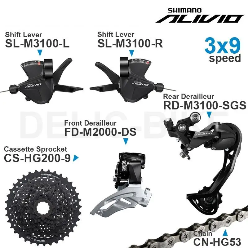 SHIMANO ALIVIO M3100 3x9v Groupset with 3x9 speed Shifter REAR and M2000 Front  DERAILLEUR HG200 Cassette Sprocket COG Chains