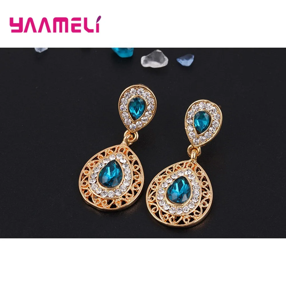 Fashion Women Wedding 925 Sterling Silver Jewelry Set Crystal Earring Necklace Pendant Rhinestone Hot Sale Waterdrop New Suit