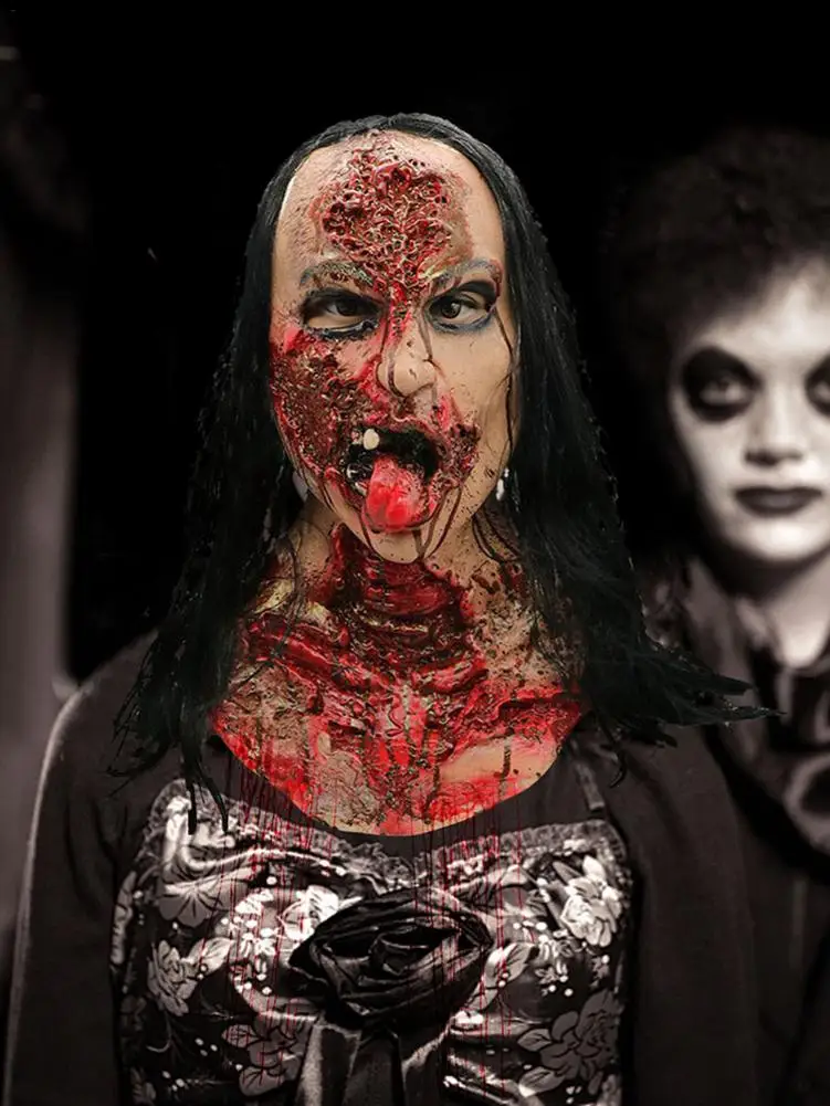 Blutige Frau Ghost Maske Lange Haar Geist Doktor Nurse Scary Requisiten Geist Gesicht Abdeckung Halloween Haunted Lange Haar Kleid Bis prop