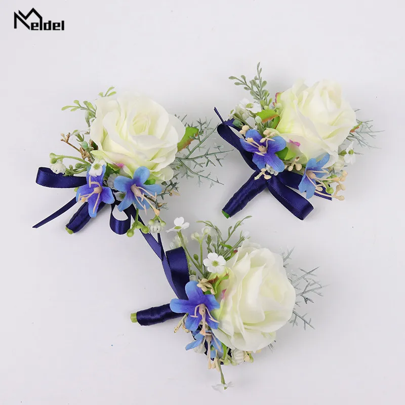 Azul branco pulseira de pulso para damas de honra noivo boutonniere pinos manguito pulseira de seda testemunha de casamento irmã broche flor corsage