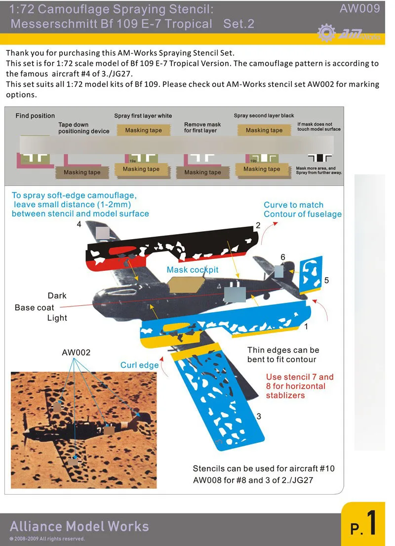 AW009 1/72 Messerschmitt Bf 109 E-7 Tropical Camo Set.2 Coloring Tools