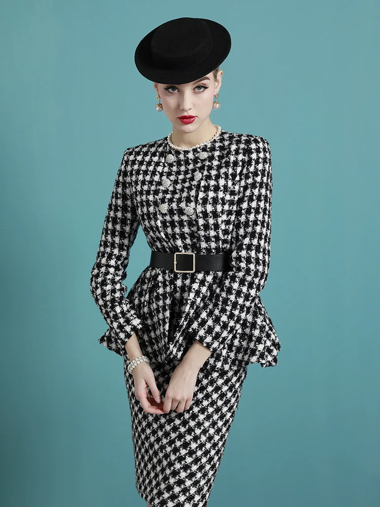 Tailor Shop Custom Made  Mother of The Bride Gown Outfit for Wedding wool black white houndstooth jacket skirt suit