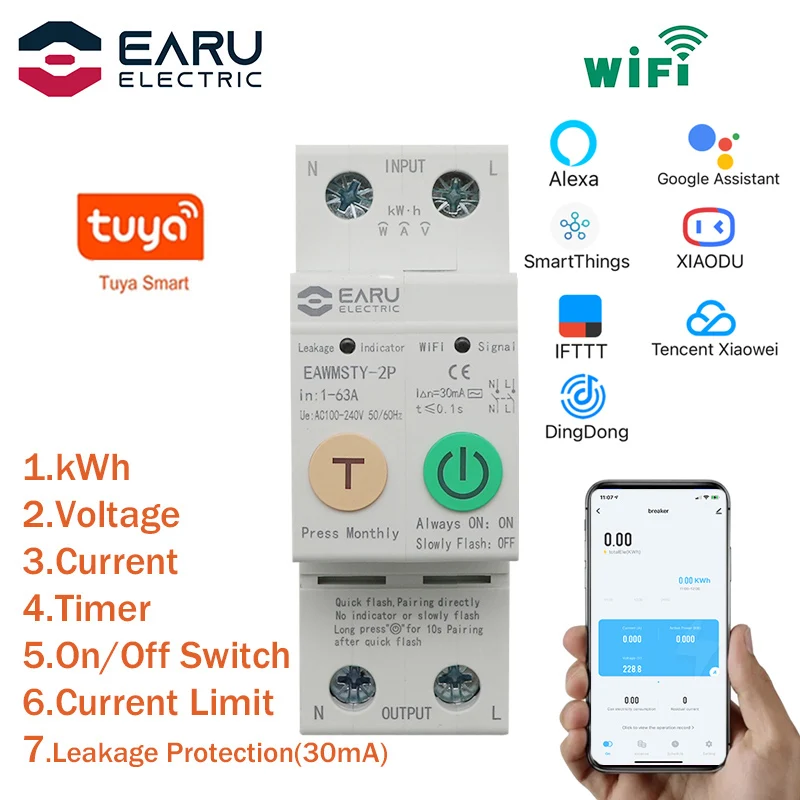 

2P Tuya WiFi Smart Circuit Breaker Energy Power kWh Meter Time Timer Switch Relay Voltmeter Current Leakage Protection RCCB RCBO