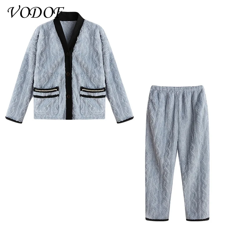 2021 Autumn and Winter Thick Coral Fleece Long-sleeved Cartoon Pajamas Thin Flannel Pajamas Set Warm Flannel Women Pajamas Set