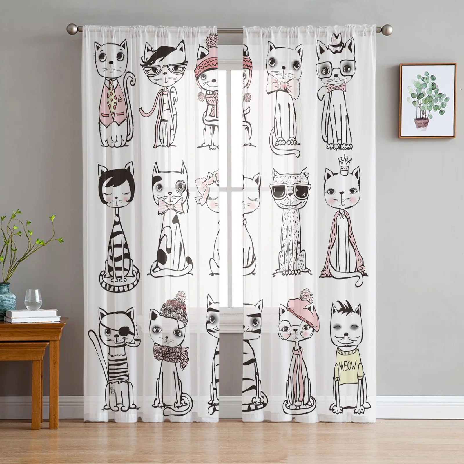 Cartoon Cat Kitty Window Treatment Tulle Modern Sheer Curtains for Kitchen Living Room the Bedroom Curtains Decoration