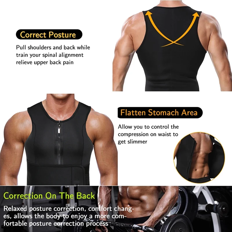 Terno de treino de sauna neoprene masculino, instrutor de cintura, colete espartilho emagrecedor, modelador do corpo com regata ajustável, modelador com zíper