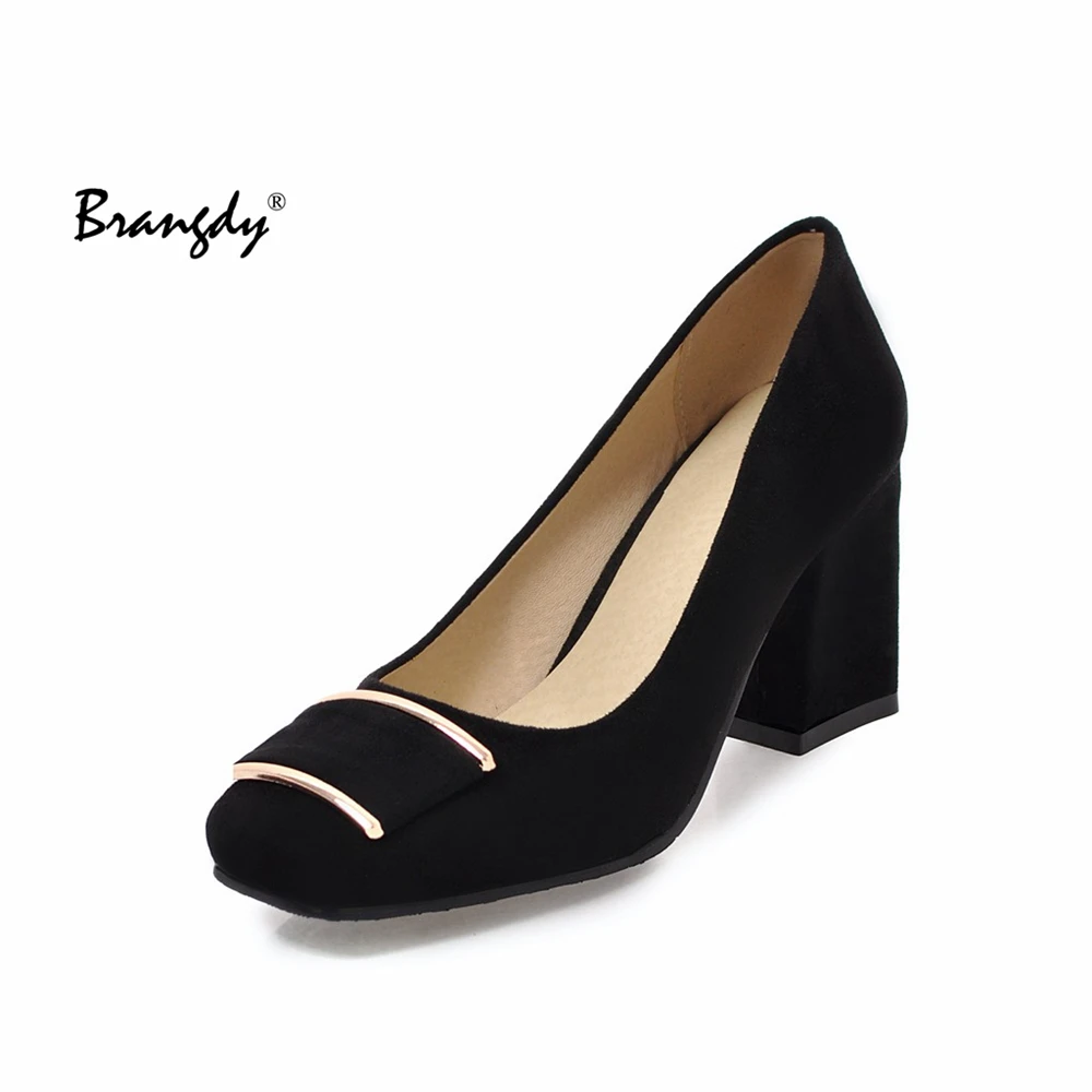 

Plus Size Sweet Buckle Women Pumps Black red Flock Round Toe 7cm High Chunky Heel Casual Party Office Ladies Slip-on Dress Shoes