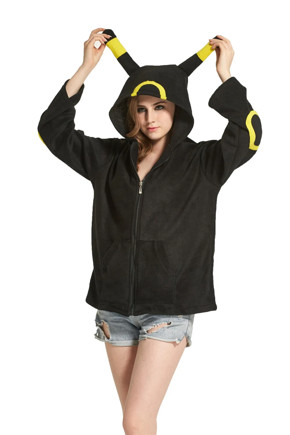 Shiny Umbreon Women Men Zip Hoodie with Ears Tails Cosplay Costume Hoodie Jacket Coat Outwear Hooded Sweatshirt