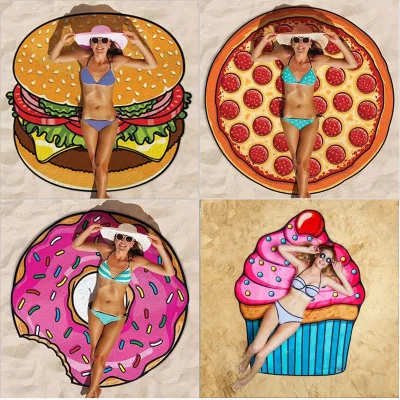 Foodie Thick Beach Blanket Tassel Round Beach Towel Yoga Mat Sunscreen Shawl Towel Material 380g Seaside Beach Swimming Toweling