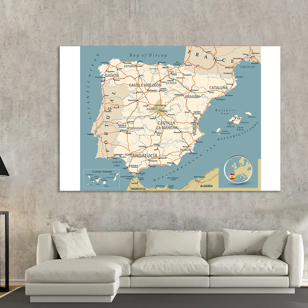 225*150 Cm Die Spanien Straße Netzwerk Karte Nicht-woven Leinwand Malerei Wand Kunst Poster Hause Dekoration Schule liefert