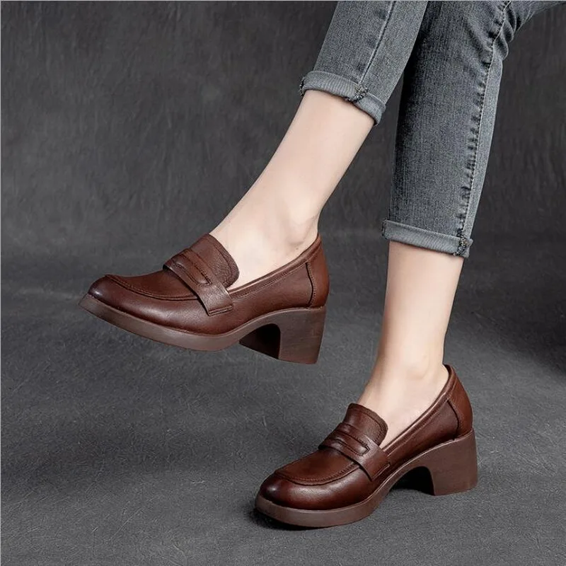 

RUSHIMAN Genuine Cow Leather Loafers For Women Shoes Mid Heel Round Toe Ladies Casual Shoes Oxford Shoes Fashion Shoes Girls