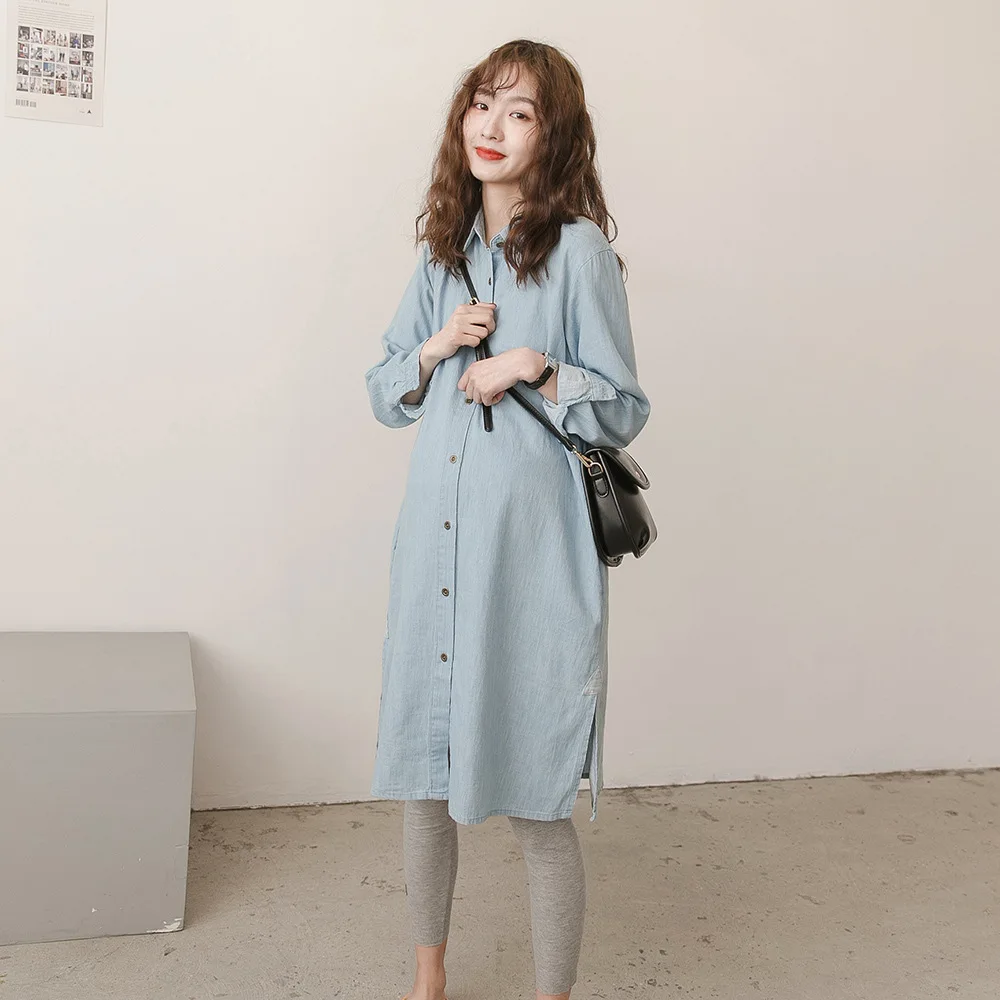 Spring and Autumn New Maternity Wear Loose Pregnant Women Denim Shirt Skirt Large Size Long Long Sleeve Top Maternity Wear