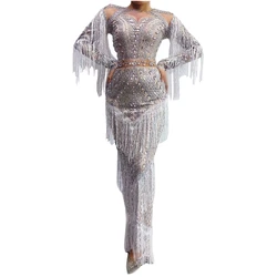 Shining Rhinestone Fringes Long Dress Long Sleeve Women Birthday Prom Celebrate PartyTassel Outfit Female Performance Stage Wear