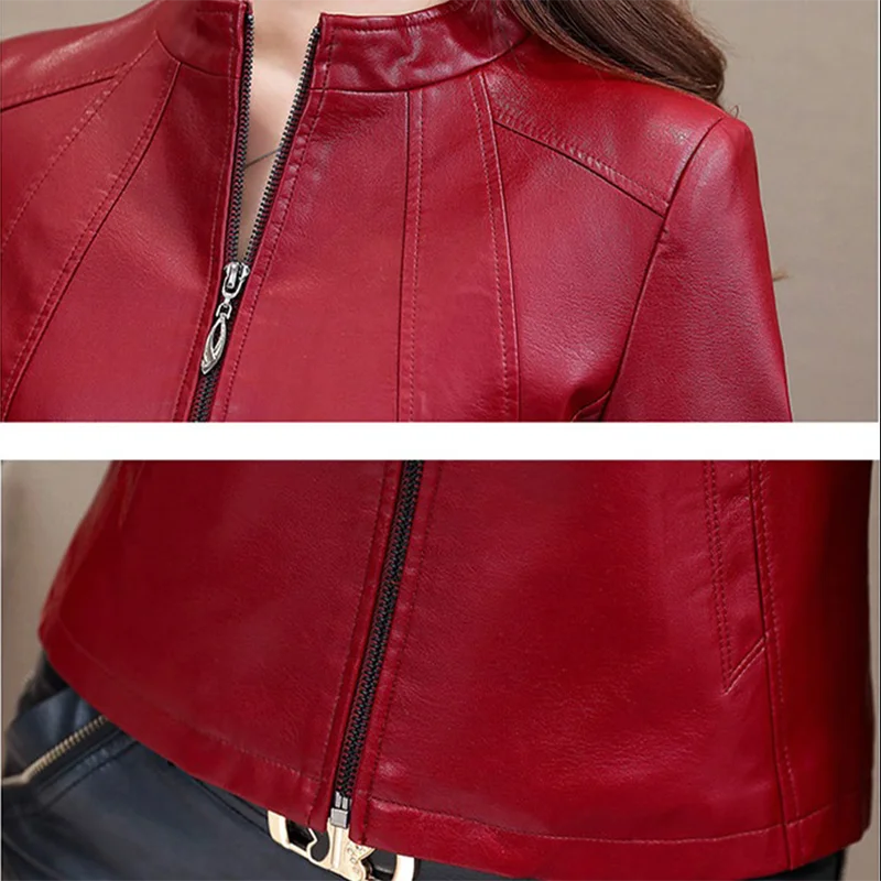 2022 New autumn winter leather women's short paragraph collar Korean slim leather jacket small overcoat