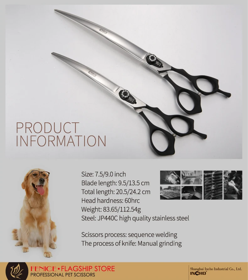 Fenice 7.5/8.0/9,0 zoll Professional Pet Pflege Schere Sicherheit Hund Scheren Haar Schneiden Schere Gebogene Schere mit Kamm – Detail 2