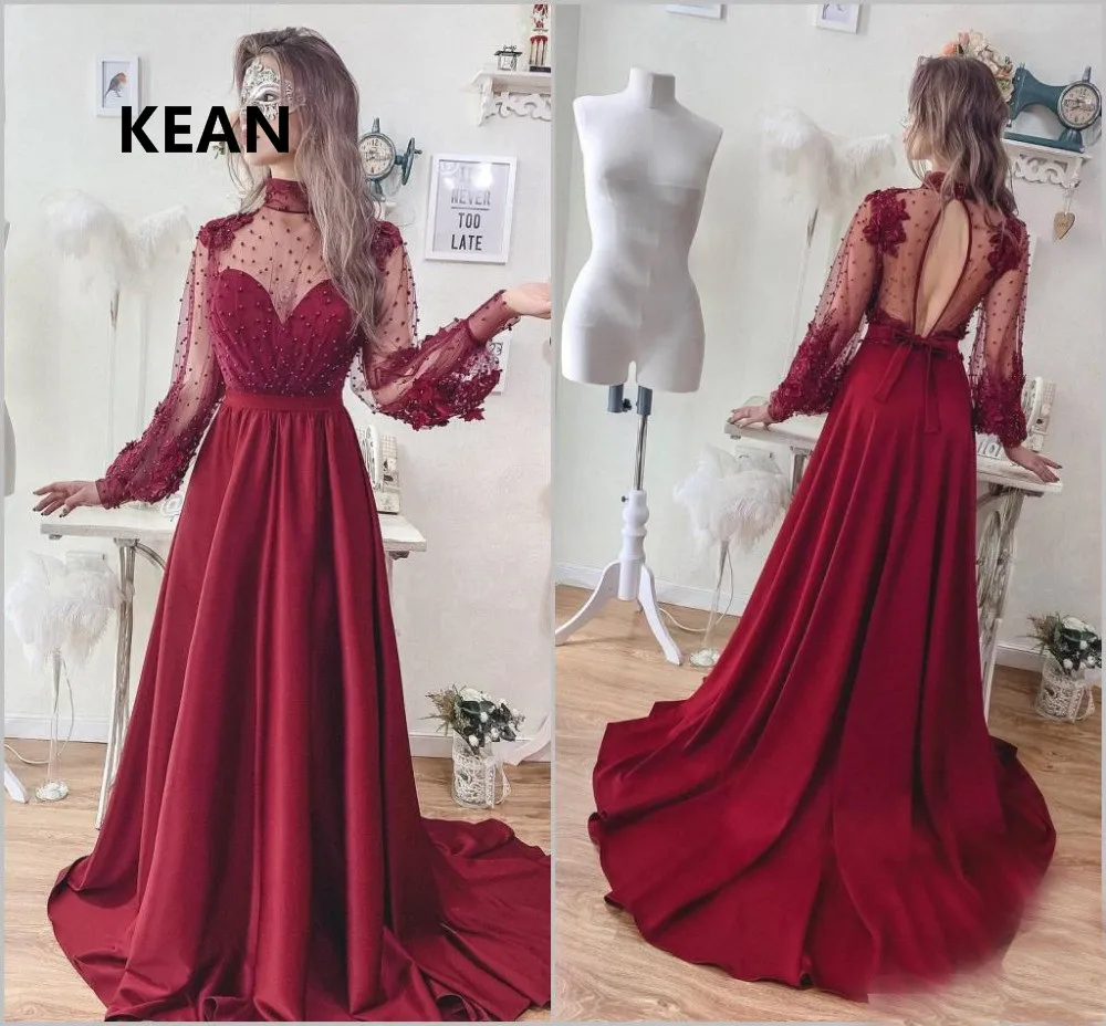 Borgonha vestidos de noite de manga cheia oi pescoço sem costas pérolas tule islâmico dubai kaftan saudita árabe vestido de noite vestido de baile