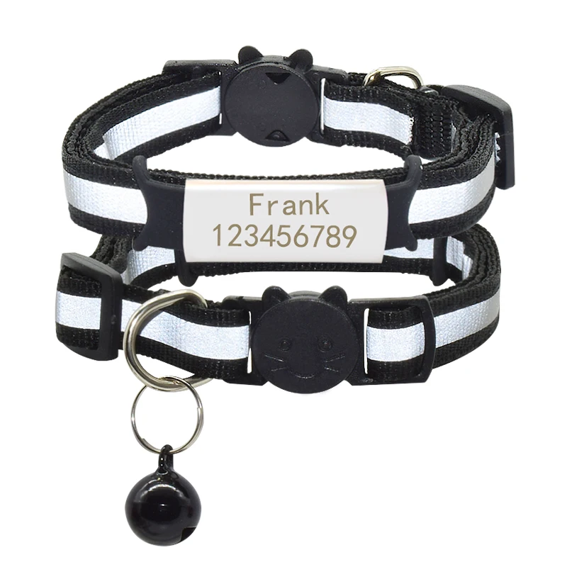 Collar de nailon con placa reflectante personalizada para gato, Collar de seguridad con campana, etiqueta de nombre de identificación grabada