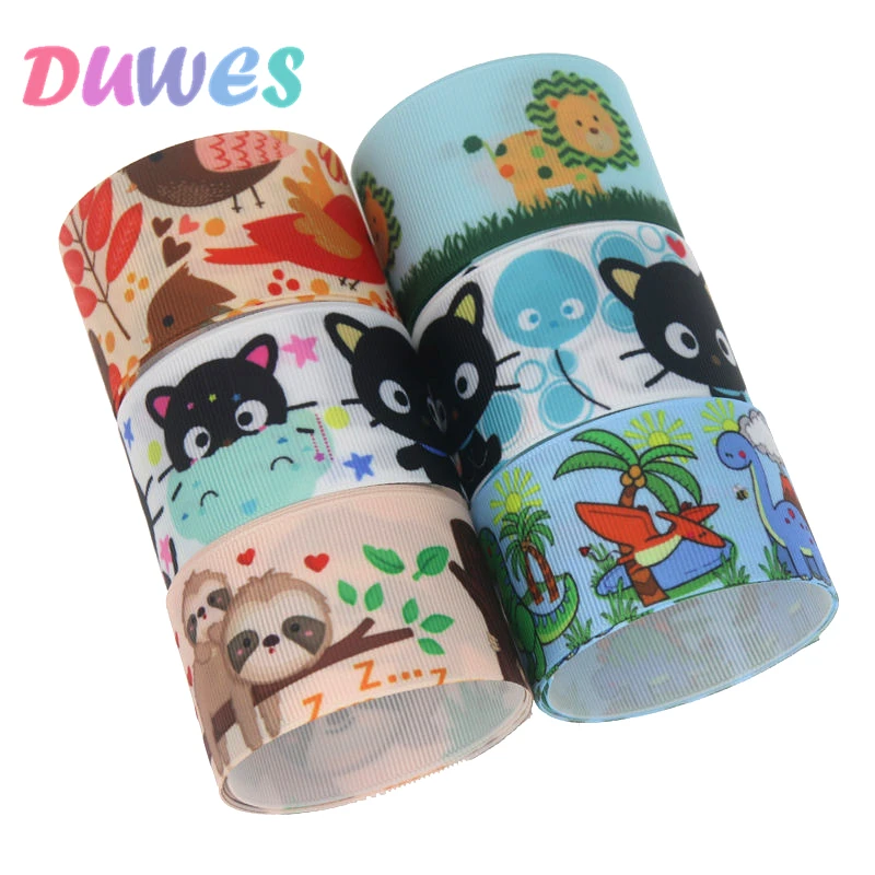 DUWES 1.5'' 50yards cat sloth dinosaur lion Printed Grosgrain Ribbon Accessory Hairbow Headwear Decoration DIY OEM 38mm D1235