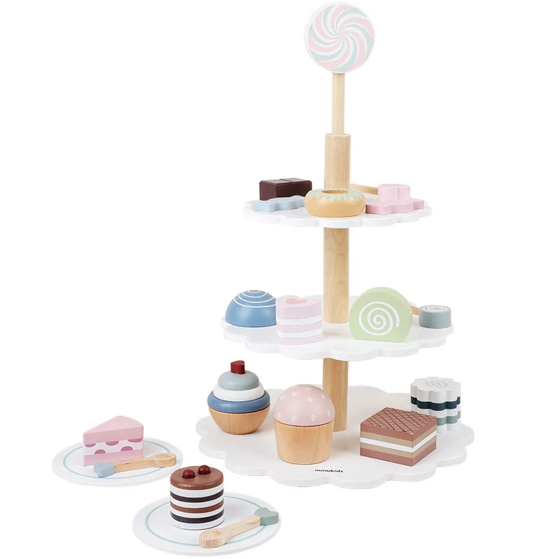 Baby Toy Simulation Cake Snack Table Afternoon Tea Wooden Toys Miniature Mini Food Educational Toys Gift for Kids