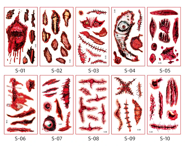 2000pcs Body Makeup Tattoo Stickers Halloween Simulation Horror Bleeding Suture Scars Stickers DIY Temporary Tattoos