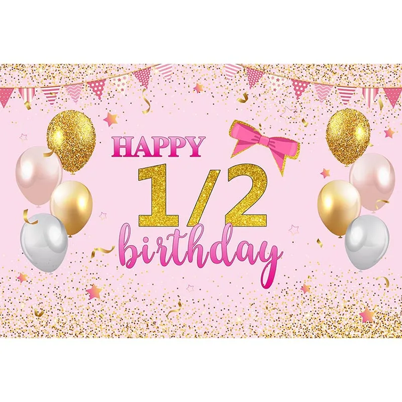 소녀 해피 하프 생일 1/2 배경 골드 풍선 반짝이 핑크 배너 사진 배경, 사진 스튜디오 장식 소품 포토존
