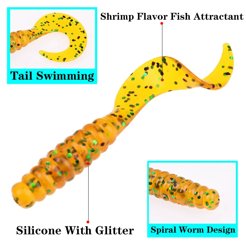 10Pcs Spiral Tail Worm Soft Bait 4.8cm 1.2g Jigging Wobblers Silicone Fishing Lures Fishy Smell Salt Artificial Bait Swimbaits
