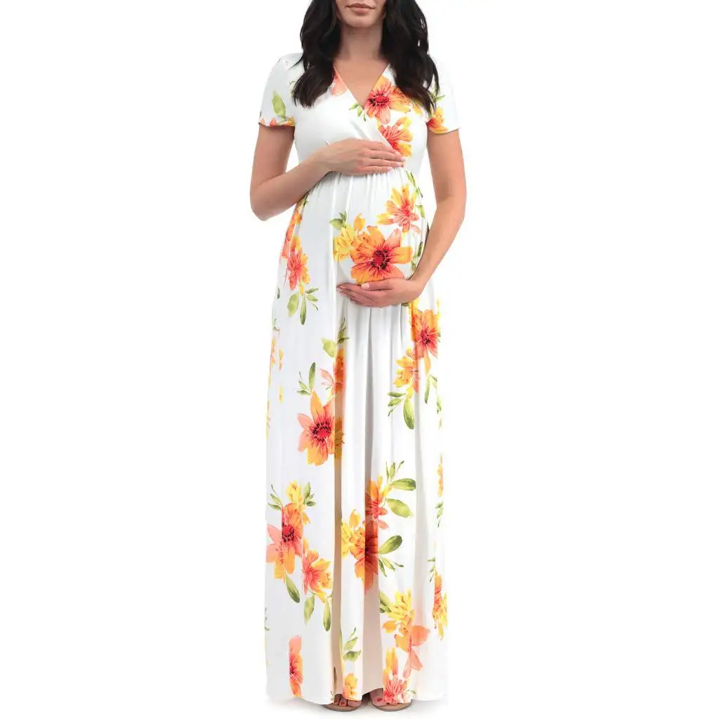 Women's Maternity Dresses Short Sleeve Leaf Print Dress Pregnancy Sundress Women Pregnants Fashion Soft Polyester Dresses S-XL