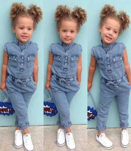 Little Girls Summer Denim Jumpsuit, Sleeveless Folded Collar Button-Down Outfit One-Piece Chest Pockets Long Pants Clothes