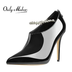 Onlymaker Women Pointed Toe Rhinestone Chain Black Patent Leather Thin High Heel Sexy Stiletto Boots