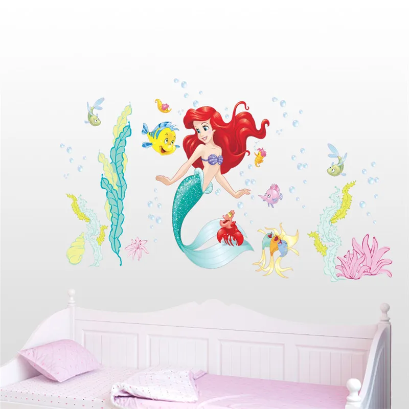 Cartoon princess Mermaid Ariel Princess Fish Bubble Wall Stickers For Kids Room Home Decoration Diy Mural Art Girls Wall Decals