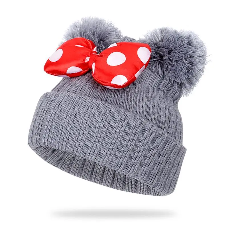 Anime Figure Disney Minnie Mouse Bow Knitted Girls Hat Winter Bonnet Children Cartoon Mickey Beanie Cap Kids Caps With Pompom