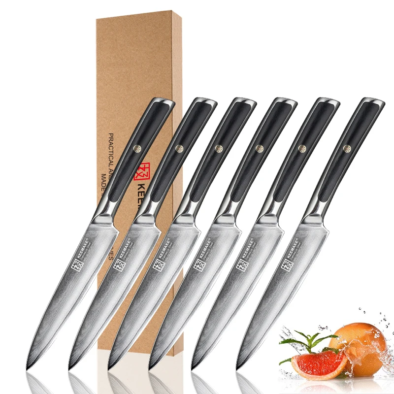 KEEMAKE 6PCS Set 5'' Utility Damascus Steel VG10 Kitchen Knives Japanese Style G10 Handle Fruit Peeling Chef Mincing Knife