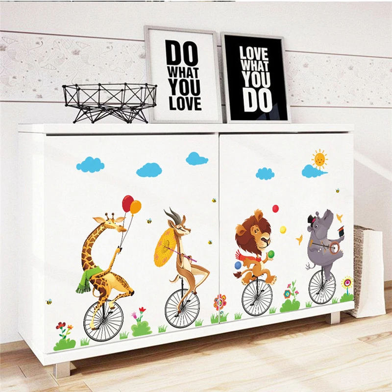 

Cartoon Circus Animal Riding Unicycle Bike Wall Stickers For Kindergarten Kids Room Home Decoration Mural Art Pvc Decals Poster