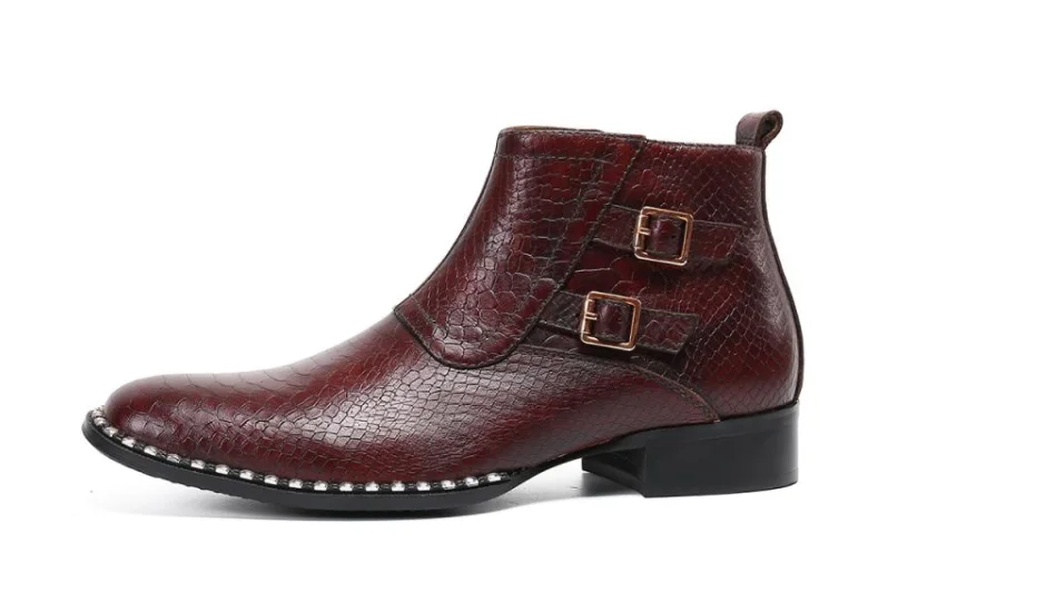 Men Dress Shoe 100% Genuine Leather Metal Zipper Wine Red Party Wedding Luxury Casual Formal Fashion Shoes Mens Chelsea Boots