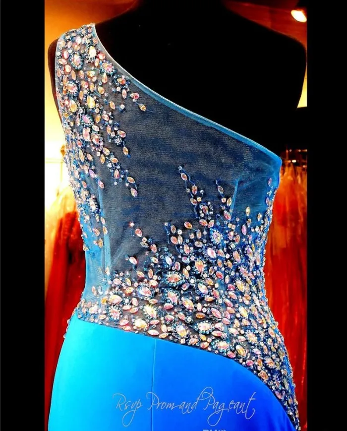 Vestido de fiesta de noche azul con un hombro ajustado, transparente, con cuentas de cristal, cremallera lateral, Sexy, para desfile