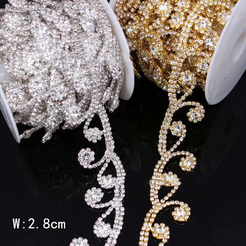 10Yards Wholesale Shinning Rhinestone Chain Gold Silver Gun Black Crystal Trim for Wedding Dress