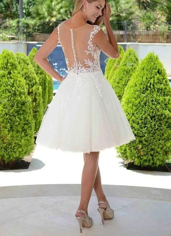 Elegante vestido de novia largo hasta la rodilla, Mangas de gorro, apliques de encaje, de tul, corto, para jardín, vestidos de novia baratos