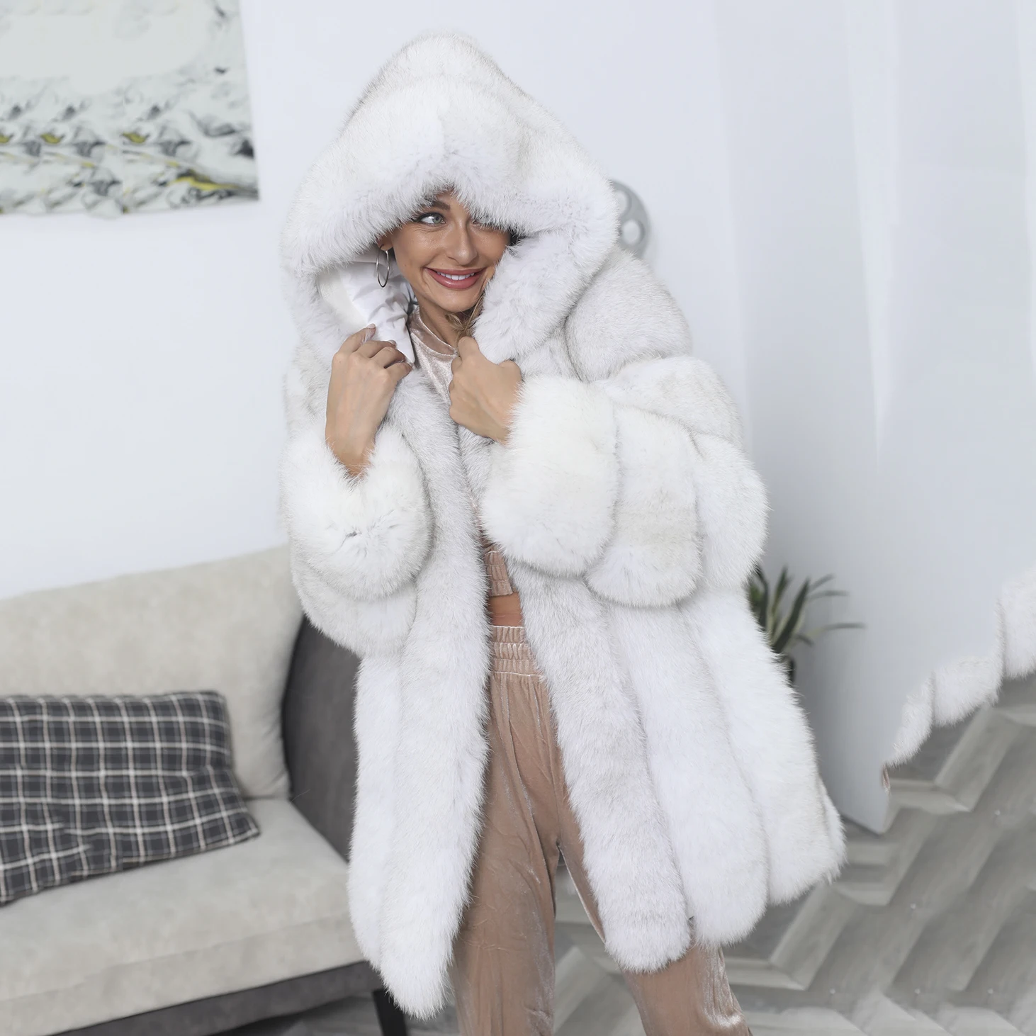 MISSJANEFUR Winter Jacket Women Fur Coat With Hood Hot Sale Luxury Long Real Fox Fur Jacket Size 6XL