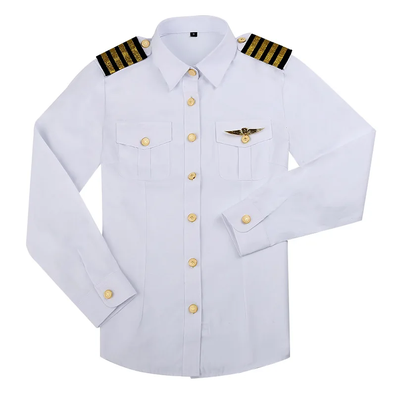 White Pilot Uniform Shirts Men 2024 Autumn Casual Long Sleeve Slim Fit Single Breasted Stewardess Captain Office Work Clothes