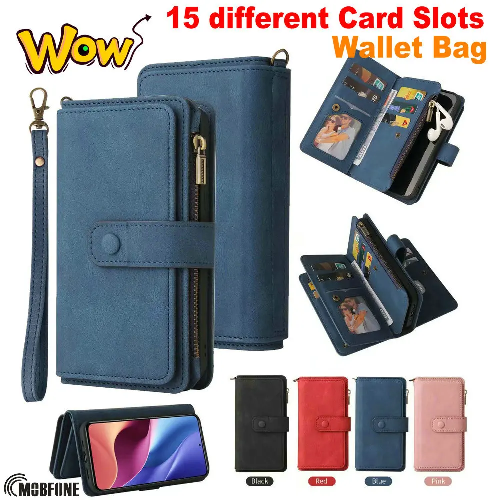 

For Samsung S22 S21 ULTRA S20 FE S21+ S20+ 15 Card Slots Holder Luxury Leather Case Zipper Cover For Galaxy NOTE 10 20 S20 Bags