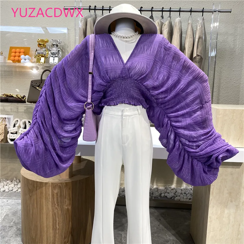 YUZACDWX Brand Original Design Fan Pleated V-neck Top Spring Design Sense Foreign Fashion High Waist Short Slim Shirt Autumn