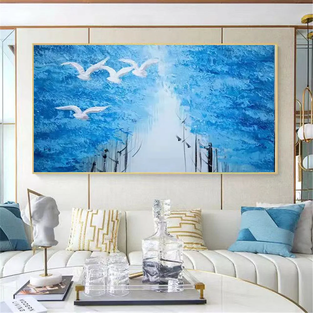 Light Luxury Panel Fresco 100%  Hand-Painted Abstract Blue Oil Paintings Modern Canvas Image Wall Art For Living Room Home Decor