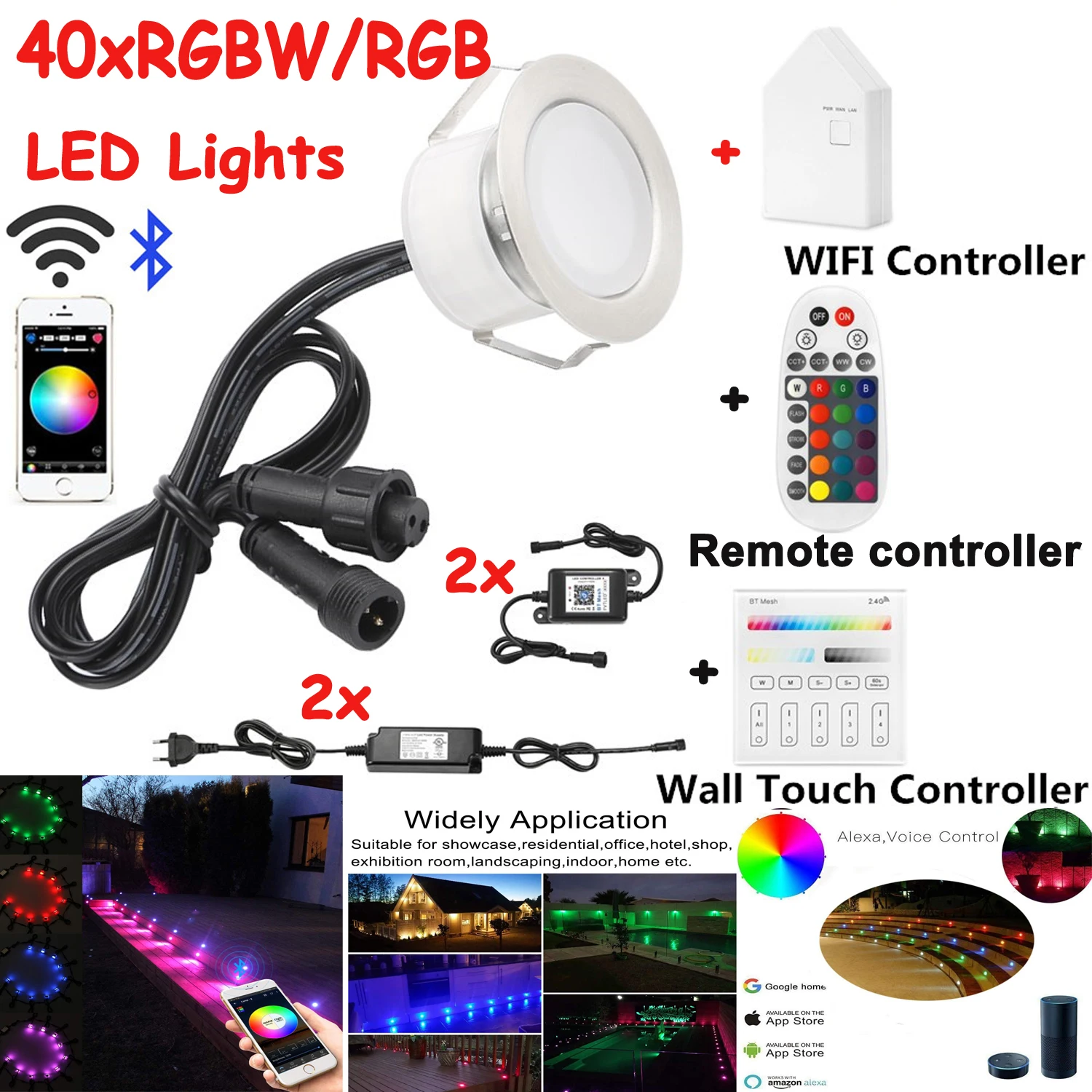 

40xLED Light+2x Power suppy+1x BT Mesh Touch Panel + 1xBT Mesh Remote +2x BT mesh Controller Receiver+1X WIFI Smart Bridge