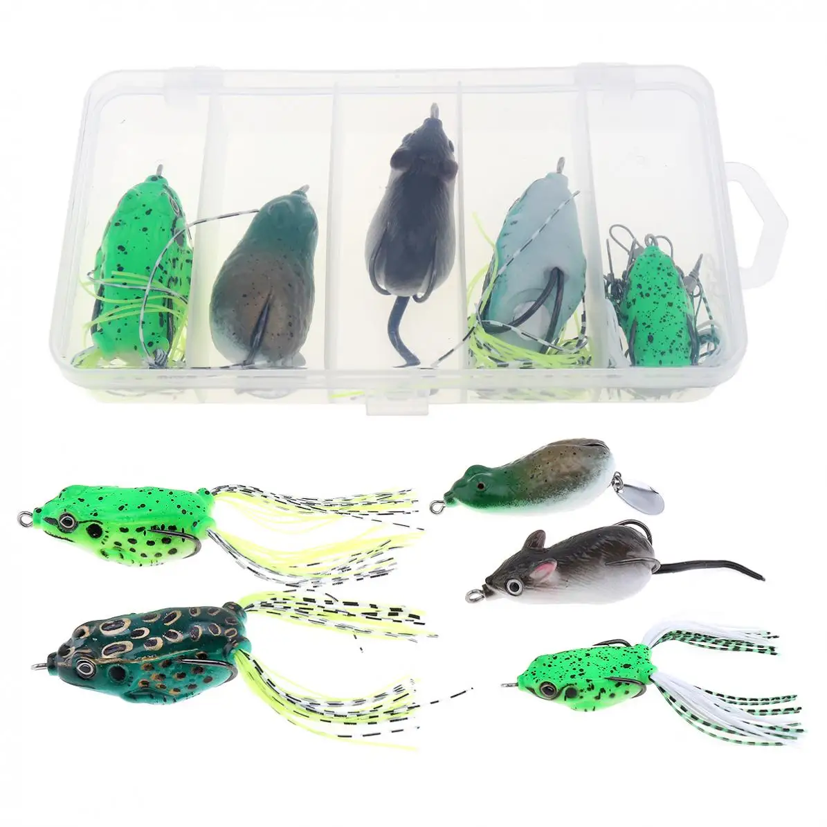 Fishing Lures Suit Contain 5pcs High Simulation Frog & Rat Baits+2pcs Wire Line+5pcs 